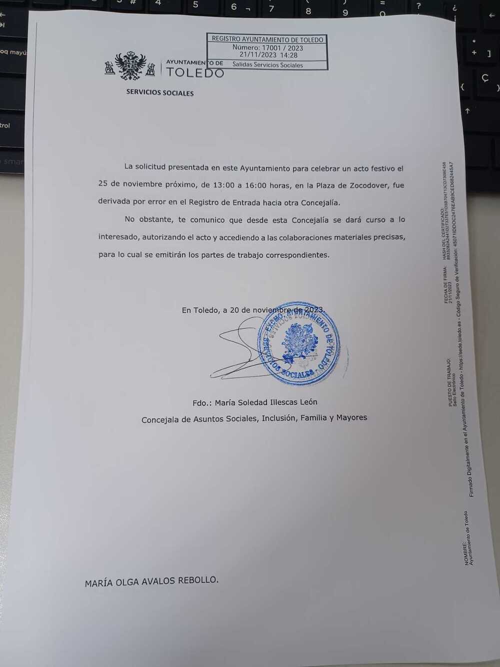 Escrito en el que la concejala Marisol Illecas confirma la autoización del acto de la Plataforma 8-M y la cesión de los medios materiales.