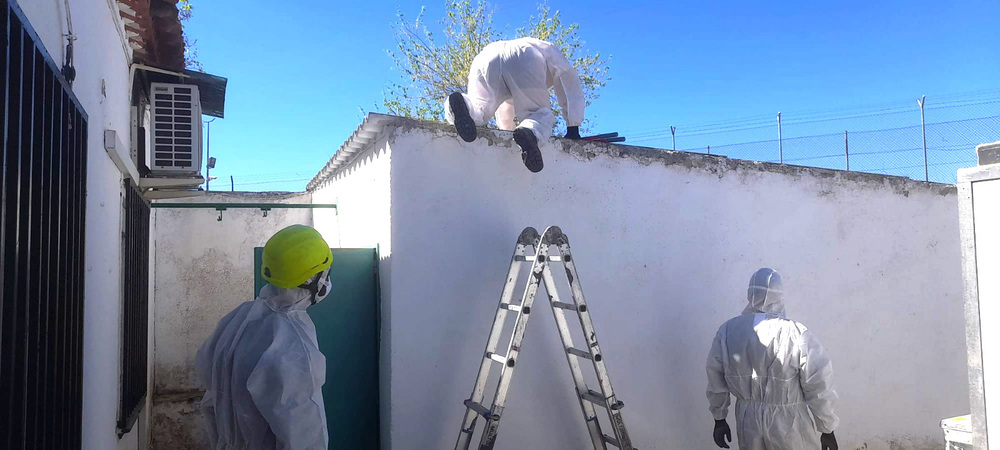 Los operarios con trajes EPI retiran el amianto.