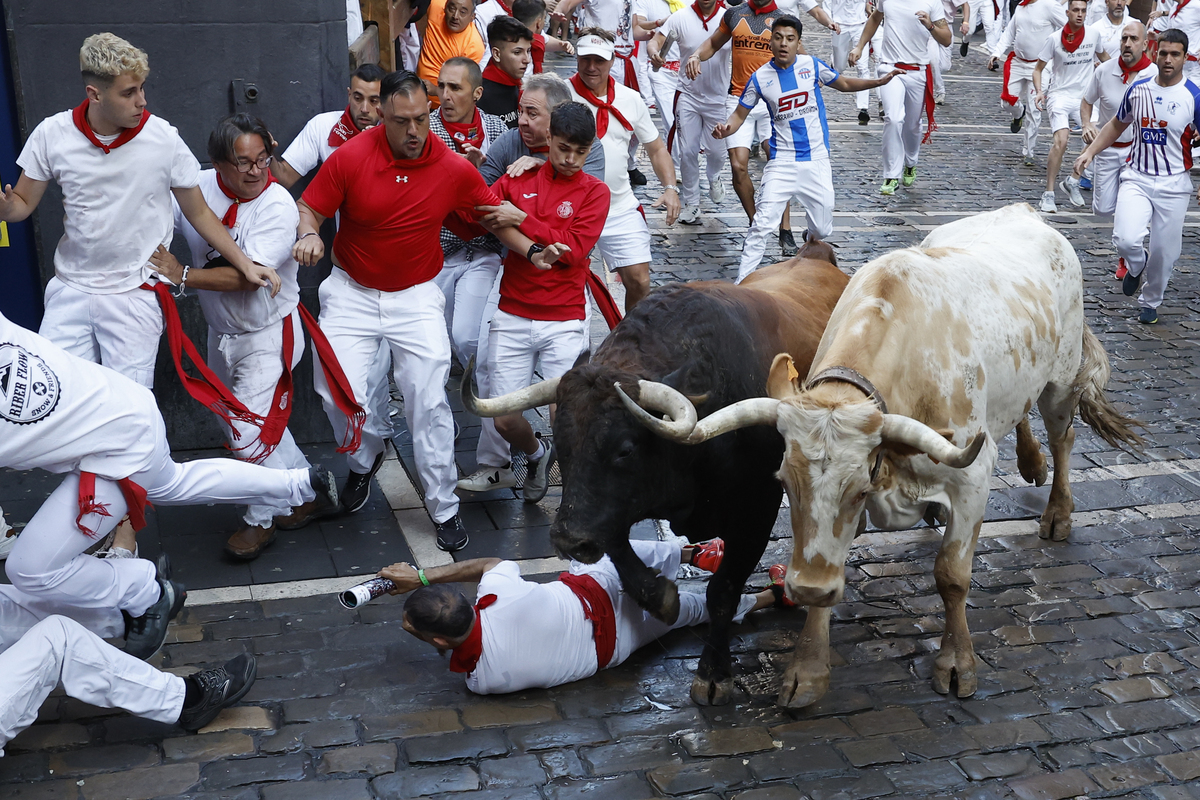 Los toros Cebada Gago protagonizan un encierro rápido y peligroso  / EFE/ VILLAR LOPEZ