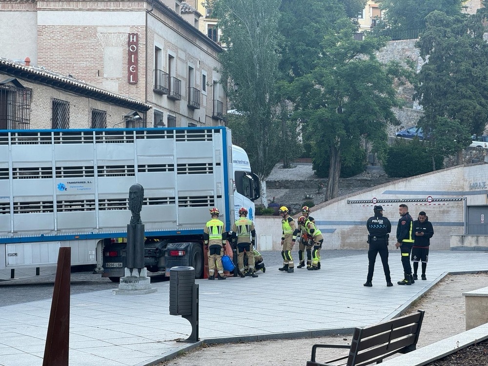 Un camión de ganado se atasca en pleno Casco de Toledo